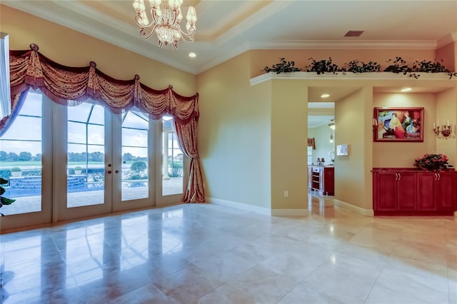 10504 Sabella Dr, Trinity, FL 34655 - unfurnished room featuring ornamental molding, a chandelier, french doors, and beverage cooler