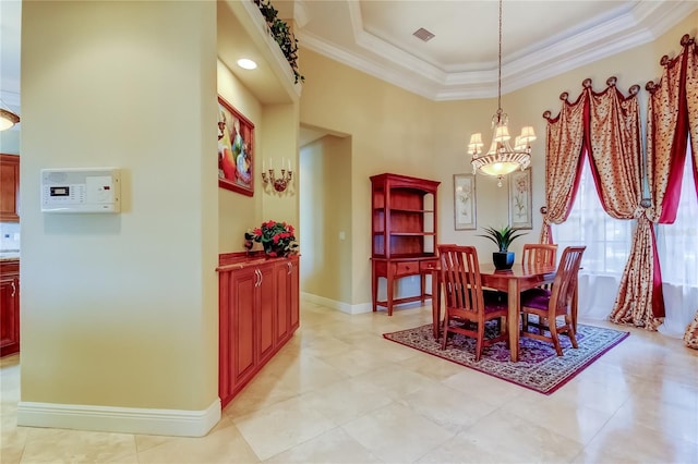 10504 Sabella Dr, Trinity, FL 34655 - dining area featuring ornamental molding, a chandelier, and a raised ceiling