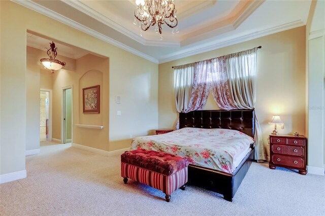 10504 Sabella Dr, Trinity, FL 34655 - bedroom with ornamental molding, carpet floors, a tray ceiling, and a chandelier