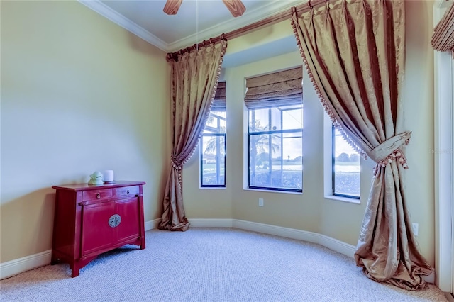 10504 Sabella Dr, Trinity, FL 34655 - living area with ornamental molding, carpet flooring, and ceiling fan