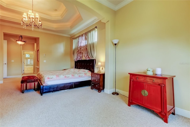 10504 Sabella Dr, Trinity, FL 34655 - carpeted bedroom featuring crown molding, a tray ceiling, a chandelier, and arched walkways