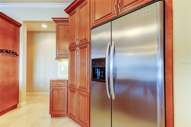 10504 Sabella Dr, Trinity, FL 34655 - kitchen featuring stainless steel fridge with ice dispenser, light stone counters, light tile patterned flooring, crown molding, and recessed lighting