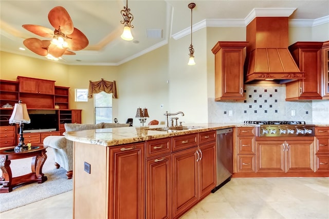 10504 Sabella Dr, Trinity, FL 34655 - kitchen with appliances with stainless steel finishes, custom exhaust hood, light stone countertops, ceiling fan, and a peninsula