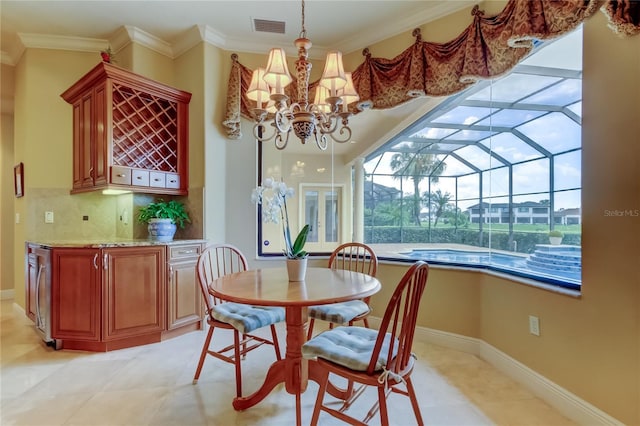 10504 Sabella Dr, Trinity, FL 34655 - dining area with crown molding, a sunroom, a chandelier, and light tile patterned floors