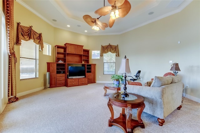 10504 Sabella Dr, Trinity, FL 34655 - living room featuring light colored carpet, crown molding, ceiling fan, and recessed lighting