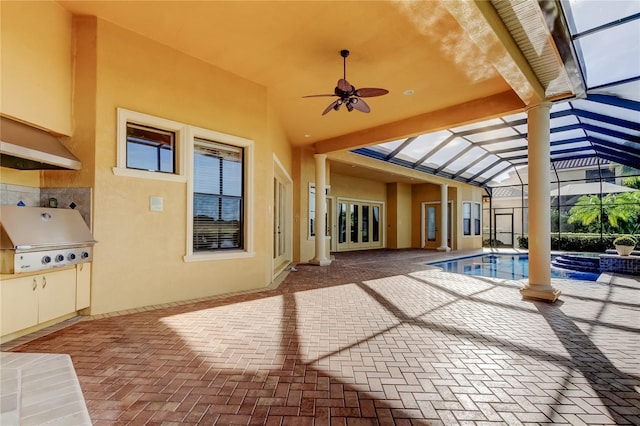 10504 Sabella Dr, Trinity, FL 34655 - swimming pool featuring a grill, a patio, a ceiling fan, and a lanai