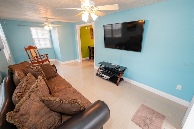 4239 Cardoon Dr, New Port Richey, FL 34653 - tiled living room with a textured ceiling and ceiling fan