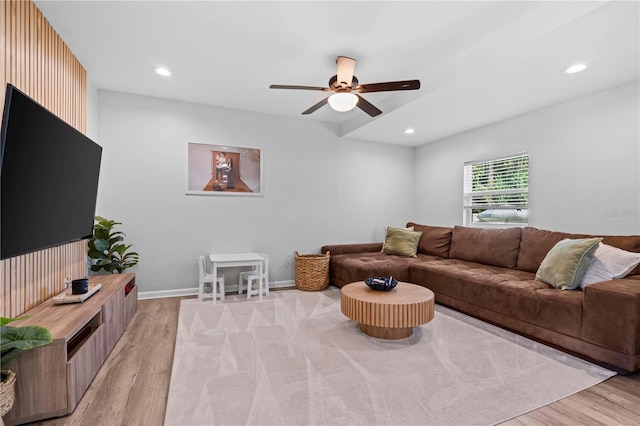 327 Sunny Ln, Belleair, FL 33756 - living room featuring light wood-style floors, a ceiling fan, and recessed lighting
