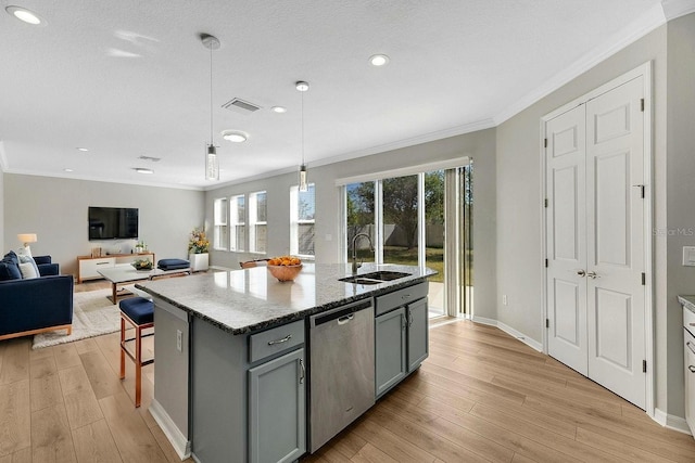 1192 Multiflora Loop, Lutz, FL 33558 - kitchen featuring dishwasher, gray cabinets, ornamental molding, light wood-style floors, and healthy amount of natural light