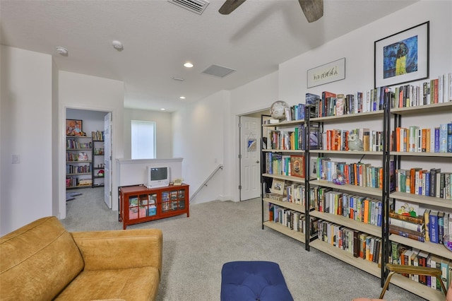 6215 Voyagers Pl, Apollo Beach, FL 33572 - sitting room with an upstairs landing, carpet, a ceiling fan, and recessed lighting