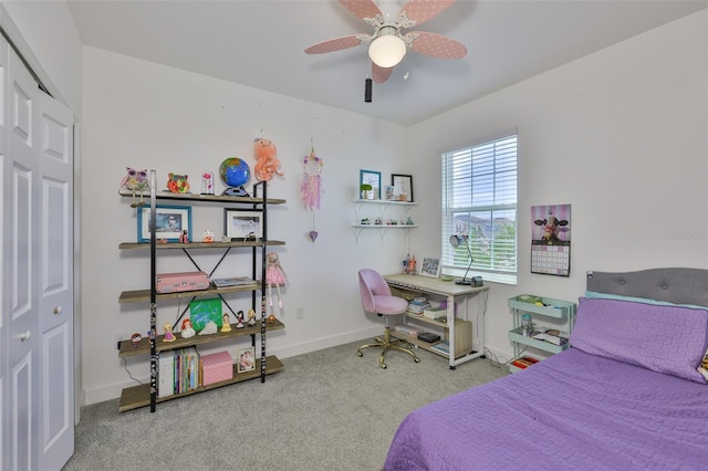 6215 Voyagers Pl, Apollo Beach, FL 33572 - bedroom featuring a closet, carpet flooring, ceiling fan, and a desk