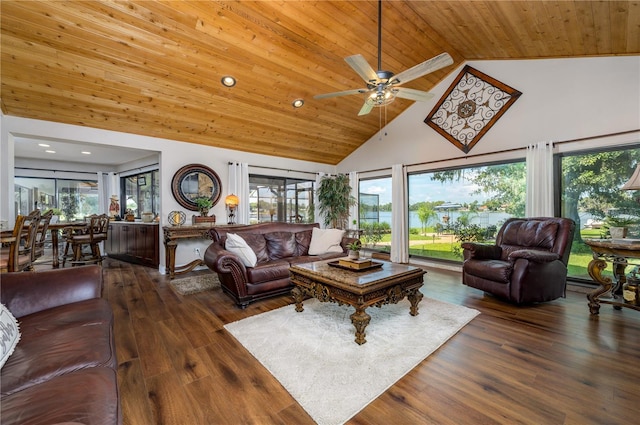 3539 Lake Padgett Dr, Land O Lakes, FL 34639 - living area featuring high vaulted ceiling, wood ceiling, ceiling fan, wood finished floors, and recessed lighting