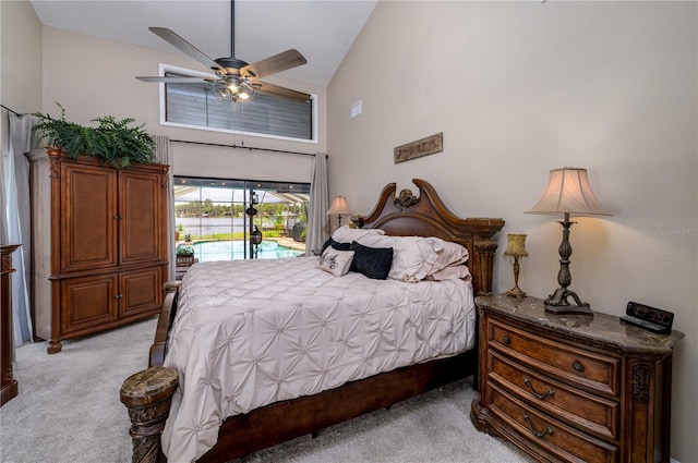 3539 Lake Padgett Dr, Land O Lakes, FL 34639 - bedroom featuring light colored carpet, access to exterior, high vaulted ceiling, and ceiling fan