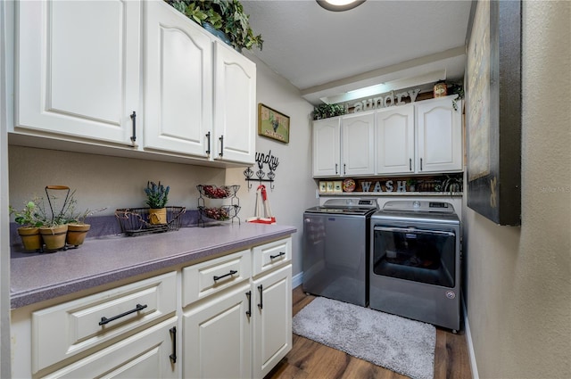 3539 Lake Padgett Dr, Land O Lakes, FL 34639 - washroom with independent washer and dryer, cabinet space, and dark wood-style flooring