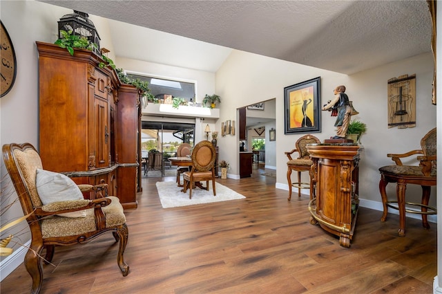 3539 Lake Padgett Dr, Land O Lakes, FL 34639 - living area featuring wood finished floors, a textured ceiling, and lofted ceiling