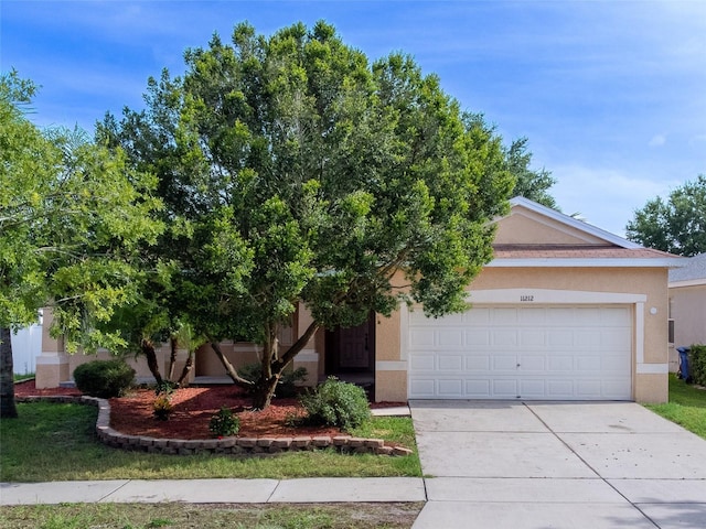 11212 Laurel Brook Ct, Riverview, FL 33569 - obstructed view of property with stucco siding, concrete driveway, and a garage