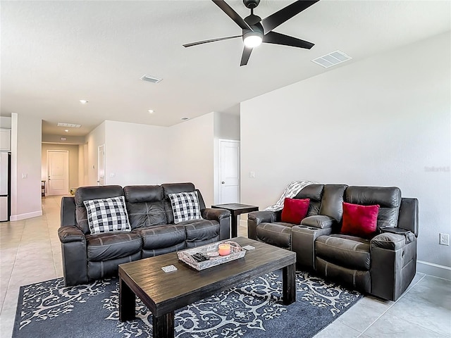 35428 Crescent Creek Dr, Zephyrhills, FL 33541 - living room with ceiling fan and light tile patterned floors