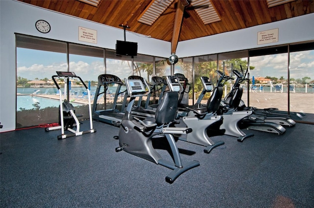 9495 Blind Pass Rd Unit 1103, St Pete Beach, FL 33706 - workout area featuring wood ceiling and a ceiling fan