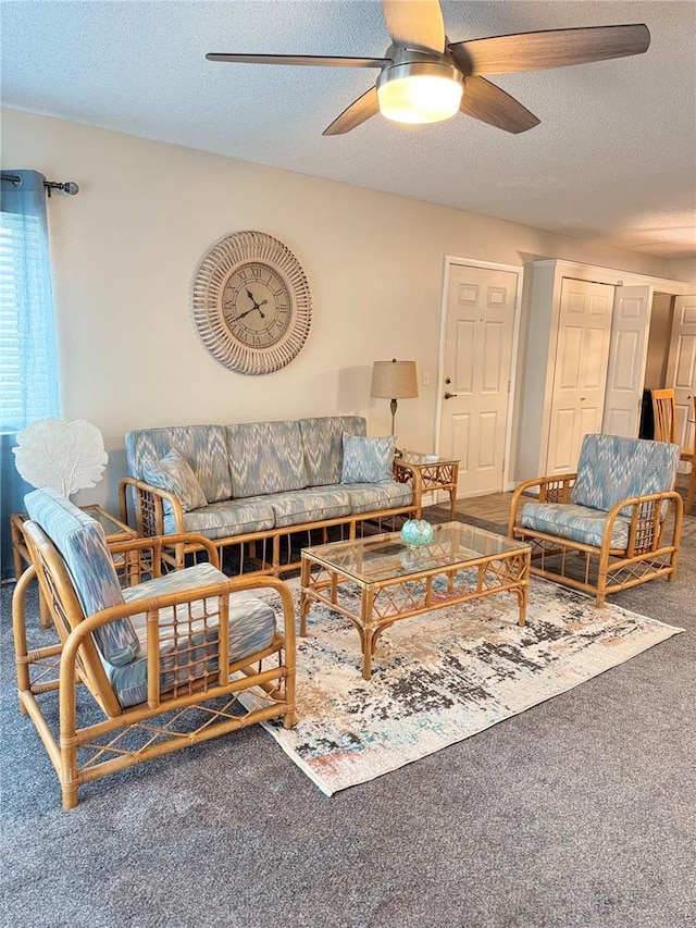 1550 S Belcher Rd Unit 335, Clearwater, FL 33764 - carpeted living area with ceiling fan and a textured ceiling