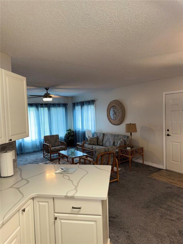 1550 S Belcher Rd Unit 335, Clearwater, FL 33764 - kitchen featuring a textured ceiling, open floor plan, a peninsula, white cabinets, and a ceiling fan