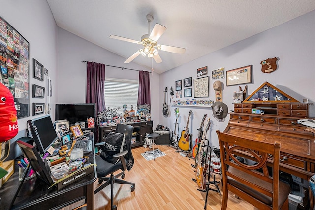 3509 Williston Loop, Land O Lakes, FL 34639 - office area featuring lofted ceiling, wood finished floors, and ceiling fan