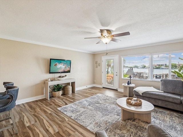 10265 Gulf Blvd Unit A107, Saint Petersburg, FL 33706 - living area with plenty of natural light, a textured ceiling, a ceiling fan, crown molding, and wood finished floors