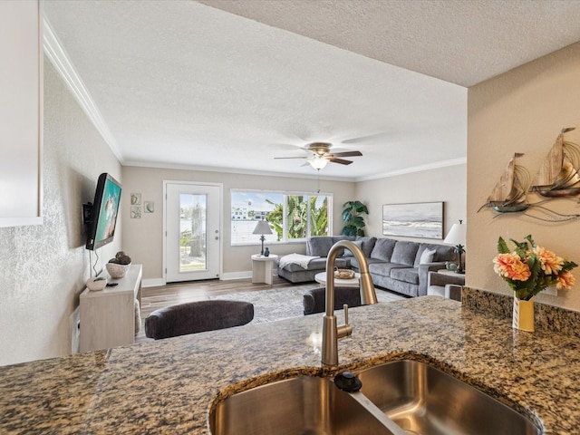 10265 Gulf Blvd Unit A107, Saint Petersburg, FL 33706 - kitchen featuring ornamental molding, dark stone counters, a ceiling fan, open floor plan, and a textured ceiling
