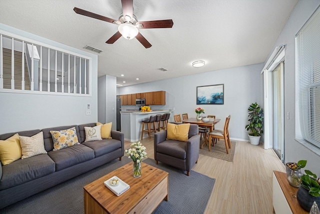 8118 Stone Path Way, Tampa, FL 33647 - living room featuring a ceiling fan, light wood-style floors, and a textured ceiling