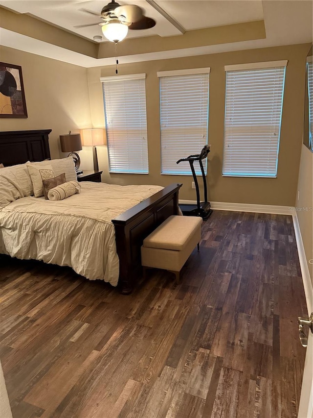 4432 Vermillion Sky Dr, Wesley Chapel, FL 33544 - bedroom featuring a raised ceiling, dark wood-style flooring, and ceiling fan