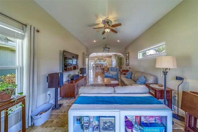 13425 San Rafael Dr, Largo, FL 33774 - bedroom with arched walkways, vaulted ceiling, ceiling fan, and recessed lighting