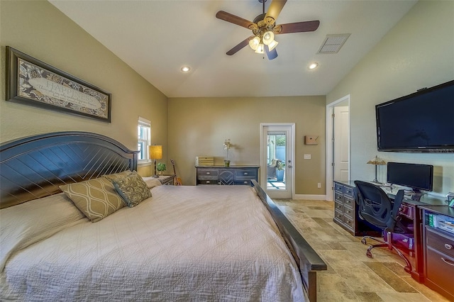 13425 San Rafael Dr, Largo, FL 33774 - bedroom featuring stone finish flooring, a desk, ceiling fan, recessed lighting, and vaulted ceiling
