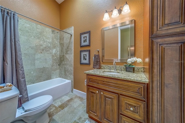 13425 San Rafael Dr, Largo, FL 33774 - full bath with vanity, shower / bath combo, a textured wall, and stone finish floors