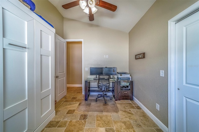 13425 San Rafael Dr, Largo, FL 33774 - home office featuring stone tile floors, ceiling fan, and lofted ceiling