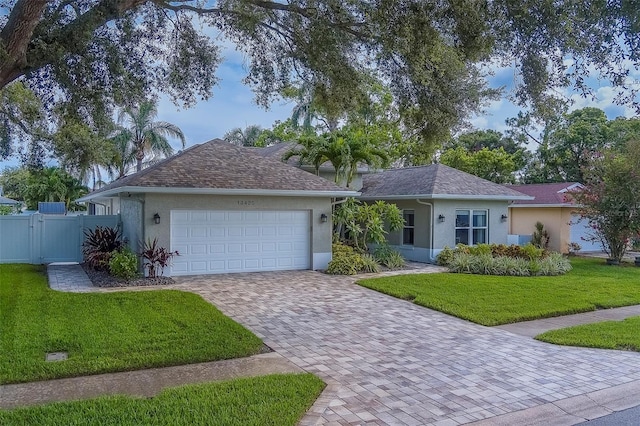 13425 San Rafael Dr, Largo, FL 33774 - ranch-style house featuring stucco siding, decorative driveway, an attached garage, and a gate