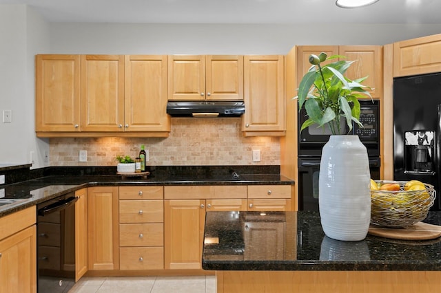 17735 Gulf Blvd Unit 502, Redington Shores, FL 33708 - kitchen with black appliances, under cabinet range hood, tasteful backsplash, and light brown cabinetry