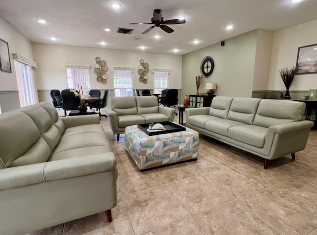 1359 Mission Cir Unit 48A, Clearwater, FL 33759 - living room with a ceiling fan, recessed lighting, and light tile patterned flooring