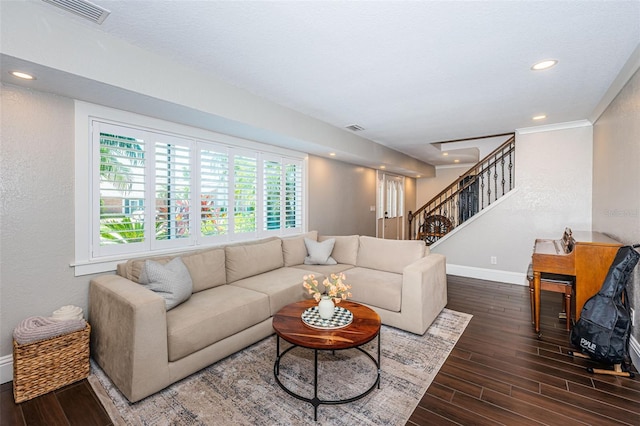 10866 Harborside Dr, Largo, FL 33773 - living room featuring dark wood-type flooring, recessed lighting, and stairs