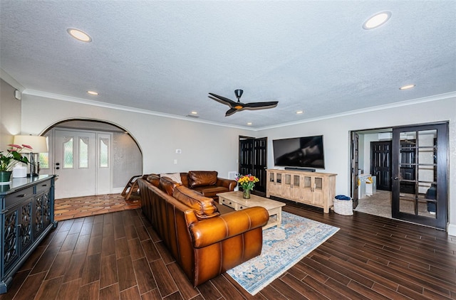 10866 Harborside Dr, Largo, FL 33773 - living area featuring a ceiling fan, recessed lighting, wood finished floors, a textured ceiling, and french doors