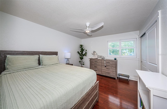 10866 Harborside Dr, Largo, FL 33773 - bedroom featuring dark wood-style floors, a textured ceiling, a ceiling fan, and a closet