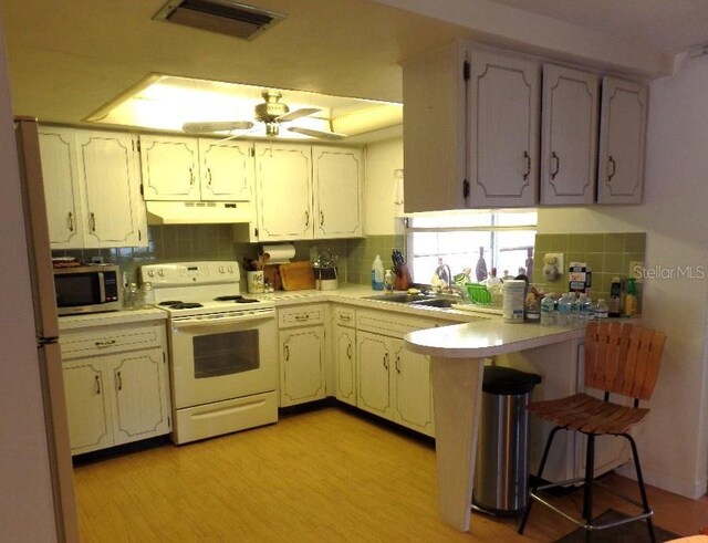 7534 Betula Dr, New Port Richey, FL 34653 - kitchen featuring white electric range, under cabinet range hood, stainless steel microwave, tasteful backsplash, and light countertops