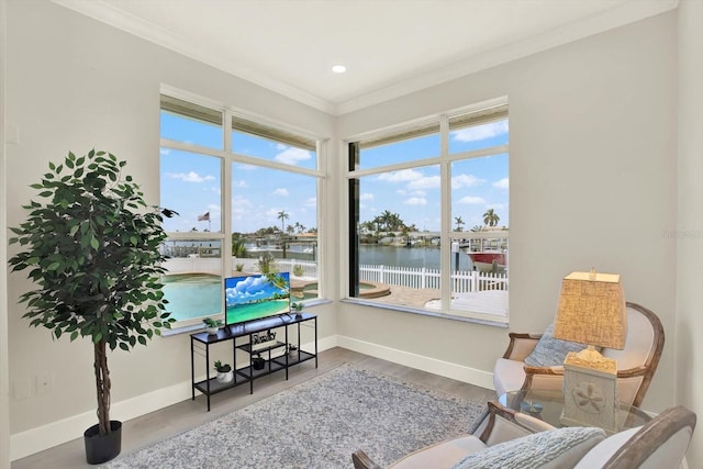 11890 Walker Ave, Seminole, FL 33772 - living area featuring ornamental molding, plenty of natural light, and wood finished floors