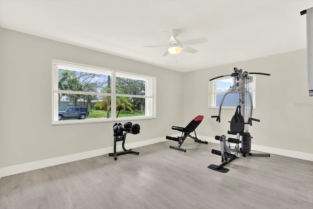 11890 Walker Ave, Seminole, FL 33772 - workout room with a ceiling fan and wood finished floors