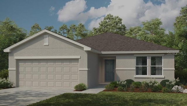 2091 Babbling Brook Blvd, Auburndale, FL 33823 - ranch-style house featuring stucco siding, an attached garage, concrete driveway, a shingled roof, and a front lawn
