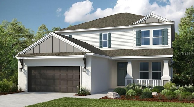 2128 Babbling Brook Blvd, Auburndale, FL 33823 - view of front facade featuring a shingled roof, a porch, an attached garage, concrete driveway, and board and batten siding