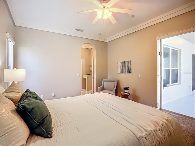 9803 Ocasta St, Riverview, FL 33569 - bedroom with arched walkways, carpet floors, and ceiling fan