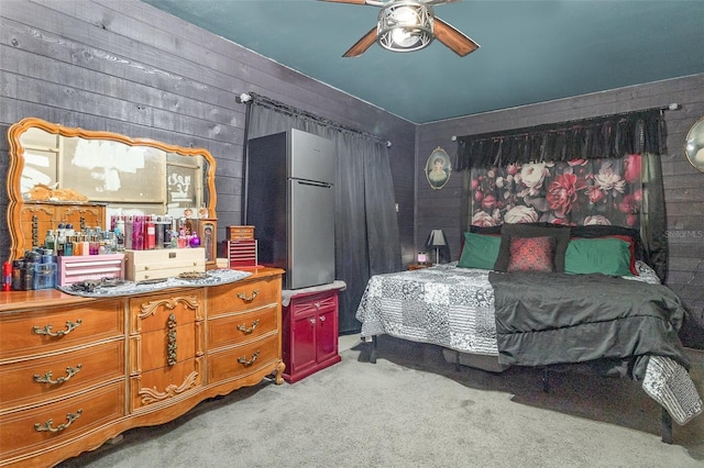 4530 David Dr, Bartow, FL 33830 - bedroom with carpet floors, a ceiling fan, and wooden walls