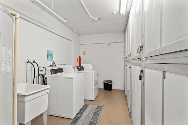 1230 Gulf Blvd Unit 1406, Clearwater Beach, FL 33767 - laundry area with independent washer and dryer, concrete block wall, cabinet space, and water heater