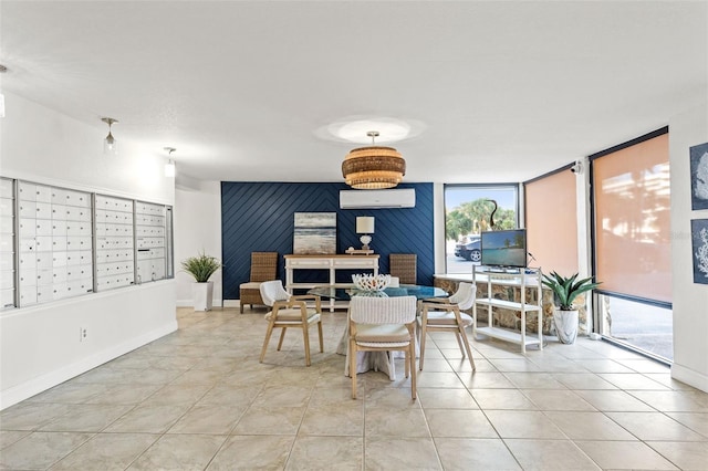 1230 Gulf Blvd Unit 1406, Clearwater Beach, FL 33767 - tiled dining room with mail area, a wall of windows, a wall unit AC, and an accent wall