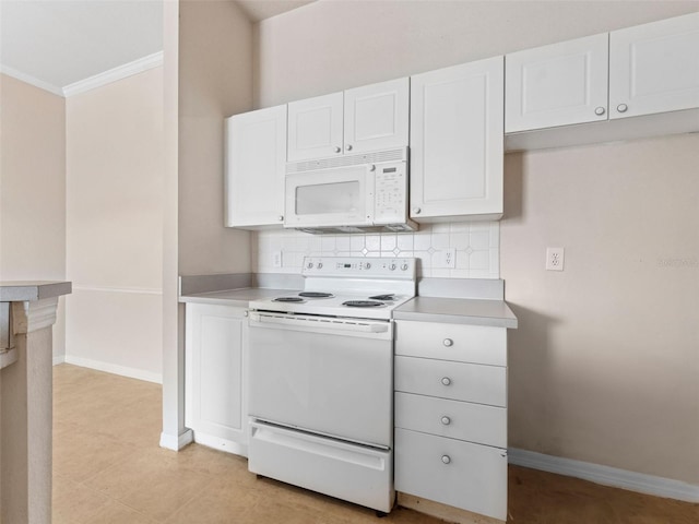 18107 Peregrines Perch Pl Unit 6302, Lutz, FL 33558 - kitchen featuring white appliances, crown molding, backsplash, white cabinets, and light countertops