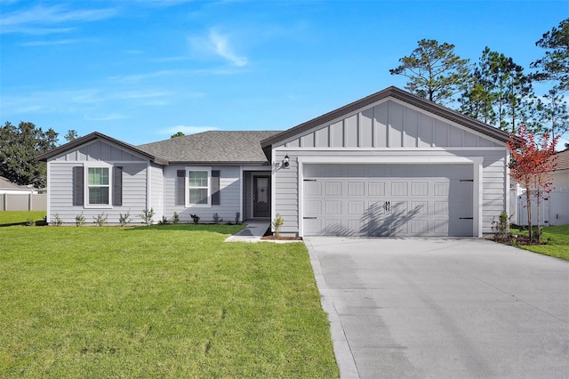 7504 SW 128th St, Ocala, FL 34473 - ranch-style house with board and batten siding, a garage, concrete driveway, a front yard, and roof with shingles